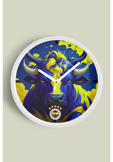 Fenerbahçe Tasarımlı Modern Duvar Saati - 30cm - Önü Camlı Beyaz Kasa - Sessiz Mekanizma Beyaz