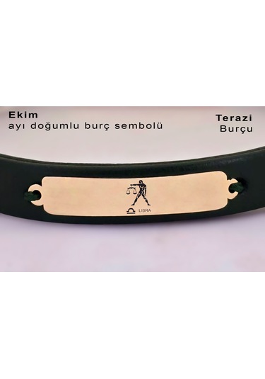 Archin Terazi Burçlarına Yeşil Derili 14 Ayar Altın Plakalı Dikdörtgen Motifli Hediye Bileklik-371burç Terazi