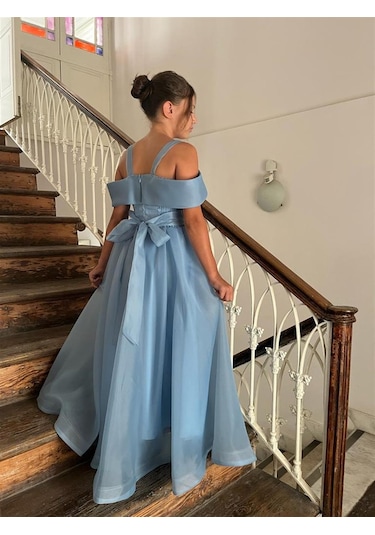 Kız Çocuk Uzun Mavi Askılı Şifon Abiye Elbise 10-14 Yaş Mavi