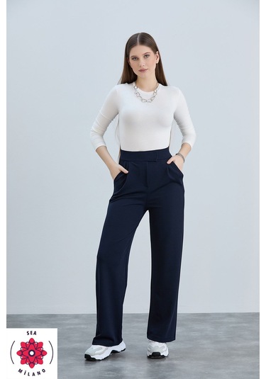 Kadın Gri Cırt Cırtlı Kapama Rahat Palazzo Likralı Esnek Beli Lastikli Pantolon Yüksek Bel Lacivert