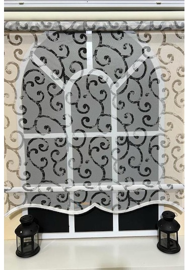 Çift Mekanizmalı Desenli Tül Stor Perde Gri Baskı Stb-108