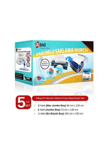 5'li Vakumlu Saklama Poşet Seti Mega Boylar, Çift Kişilik Yorgan, Döşek Hurcu Vakumlu Hurç Şeffaf