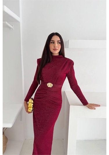 Neşeli Butik Kadın Kol Vatkalı Toka Detaylı Drapeli Maxi Elbise Nbk4358 Bordo