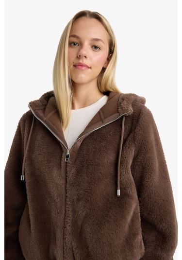 Defacto Regular Fit Polar Astarlı Kapüşonlu Fermuarlı Suni Kürk F2148ax25wnbn500 Kahve