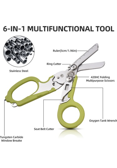 Hfambition Yeşil Çekirdekli Çok İşlevli Açık-kapalı Makas: Dış Mekan, Kamp İçin Çelik Gergi Kesici, Cam Kırıcı Ve Ölçü Çizgili Araç