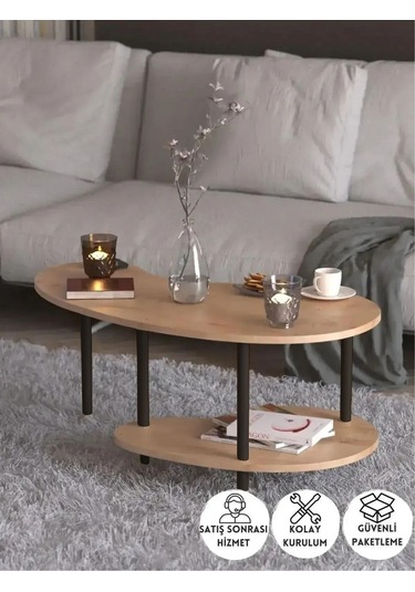 Yüksek Kalite Orta Sehpa 2 Raflı Ahşap Ayaklı Fasulye Gazetelikli Dekoratif Lüks Sehpa Safir Meşe