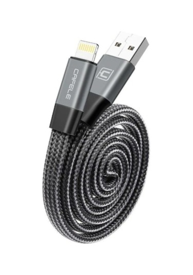 Yassı Fiber Örgülü iPhone Uyumlu Ligtning Şarj Data Kablosu-gri