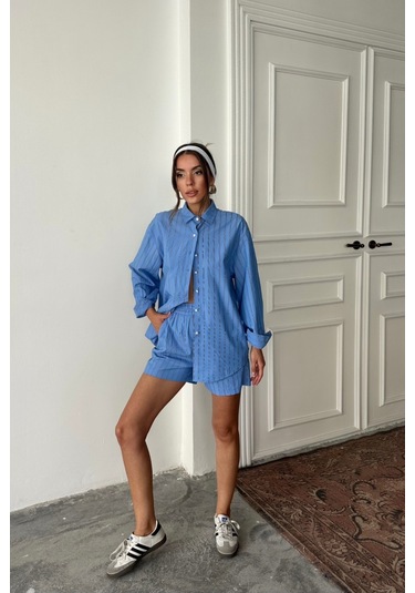 Poplin Çizgili Gömlek - Şort Takım - Mavi Mavi