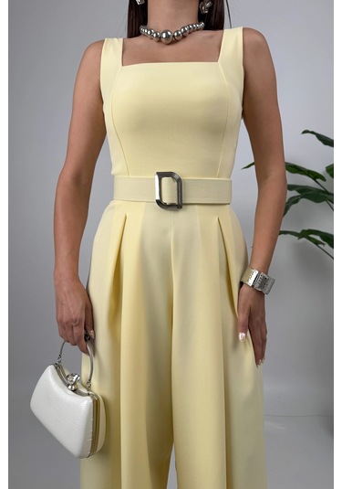 Noir Flow Kadın Sarı Kemerli Askılı Bol Paça Tulum Zarif Şıklık Sarı