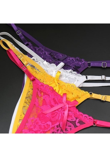 Mor Hottie Ayarlanabilir Ince Kayış Thongs Düşük Bel Şeffaf Dantel Külot G-string Külot Kadın İç Çamaşırı Mor