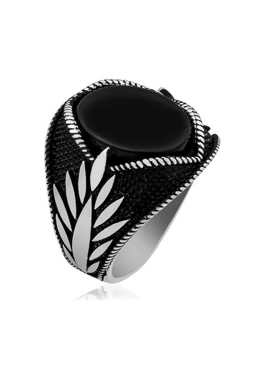 Gümüş Oniks Taşlı Işlemeli Erkek Yüzük - 555896315