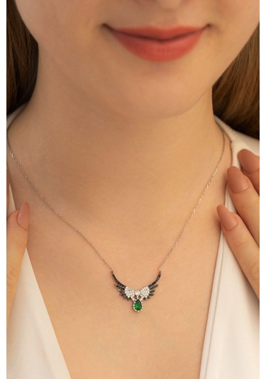 Vog Zirkon Ve Sentetik Zümrüt Taşlı Melek Kanadı 925 Ayar Gümüş Sevgiliye,eşe,anneye Hediye Kolye