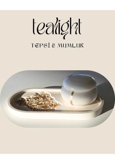Tealight Mumluk & Tepsi Seti Özel Tasarım Kabartmalı Desen 3 Parça Gold Boyama Kırık Beyaz