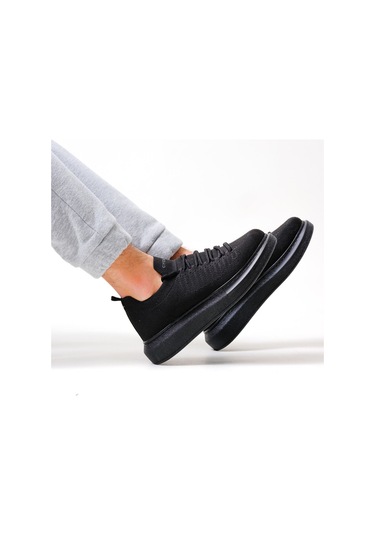 Pabucmarketi Bağcık Detaylı Triko Kumaş Erkek Spor Ayakkabı Siyah Çok Renkli