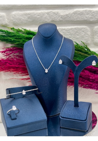 925 Ayar Gümüş Özel Tasarım 4 Lü Damla Modeli Lüks Kadın Takı Seti Gümüş