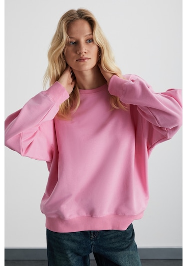 Karıus Kadın Organik Pamuklu Içi Polarlı Oversize Yuvarlak Yakalı Pembe Sweatshirt