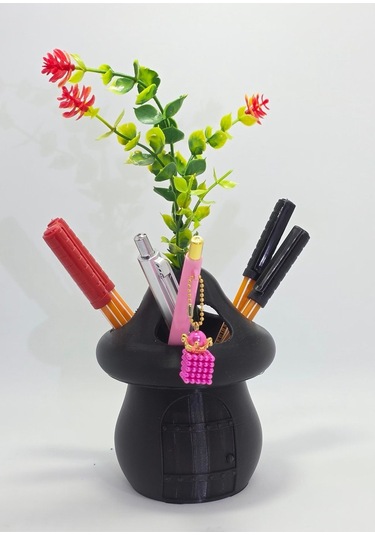 Kalemlik Siyah Sima Mantar Çiçekli Üç Gözlü Kalemlik Düzenleyici Siyah