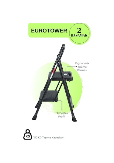 Eurotower 2 Basamak Özel Tasarım Geniş Basamaklı Siyah Merdiven 3+1
