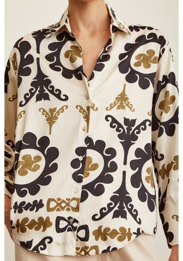 Never More V Yaka Desenli Saten Gömlek Bej