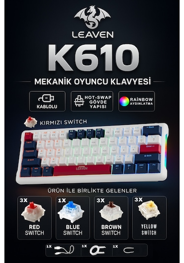 K610 Kablolu Kırmızı Switch Mekanik Oyuncu Klavyesi-61 Tuş Rgb-hot Swap