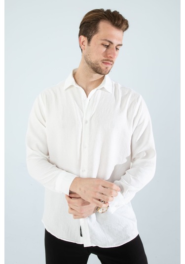 Rahat Kesim Keten Dokulu Gömlek Beyaz