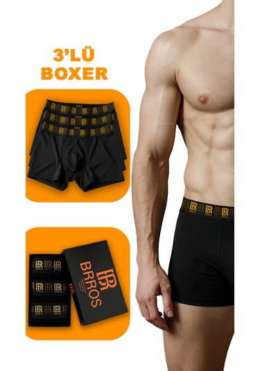 Maksfd Erkek 3 Lü Pamuklu Boxer Set Rahat Ve Esnek İç Giyim Erkek Boxer - Brros Modeli Siyah