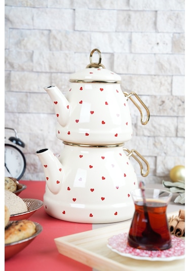 Lady Chef Kalp Desenli Emaye Çaydanlık Takımı