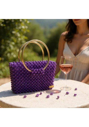 Plentiful İnci Boncuk Çanta, Abiye , Gece , Düğün, Gelin,nişan Çantası Mor