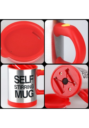 Kişiye Özel Kendini Karıştıran Mikser Kupa Termos Bardak Kırmızı - Self Stirring Mug Saydam