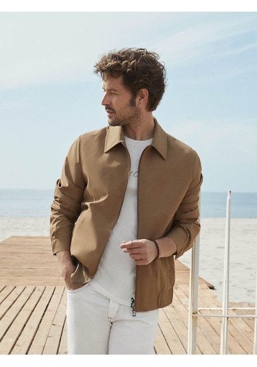 Dufy Vizon Erkek Regular Fit Düz Klasik Yaka Bomber Mont - 104399-Vizon