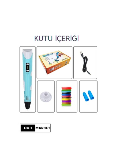 Mavi 3D Kalem 3D Pen Yazıcı Kalem – 10 Adet 5 Metrelik PLA Filament (Toplam 50M) + USB Kablo
