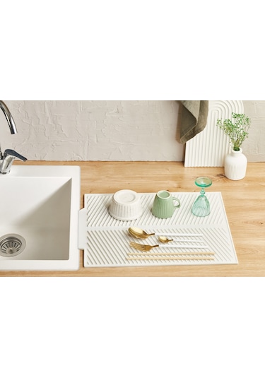 Rotanev Beyaz Büyük Boy Silikon Su Toplamaz Bulaşık Kurutma Matı Bulaşıklık - Bulaşık Altlığı 44 X 33 Cm Krem