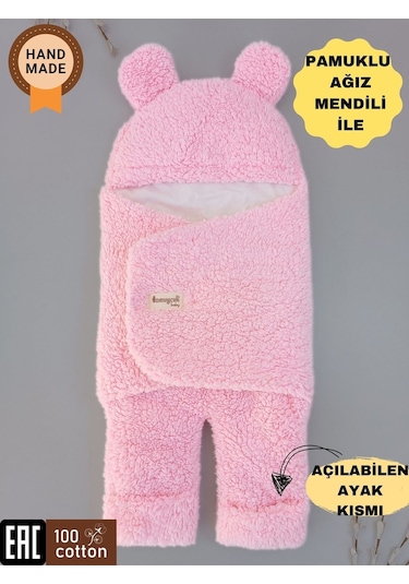 Bebek Dış Kundak Battaniyesi Welsoft Ekstra Uzun Kışlık Peluş Ayakları Açılabilen Uyku Tulumu 0-12ay Pembe