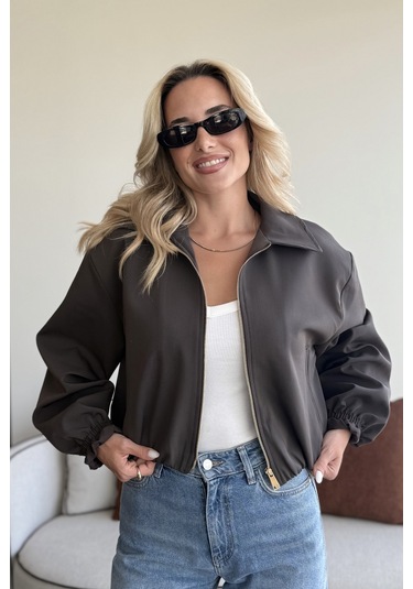 Koyu Kahverengi Crop Bomber Ceket Koyu Kahverengi