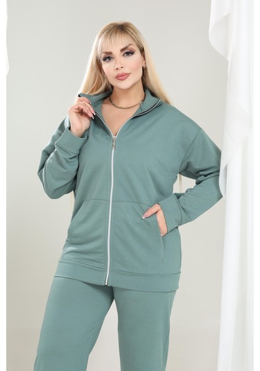 Kadın Büyük Beden Fermuarlı Uzun Kollu Rahat Günlük Eşofman Takım Çağla