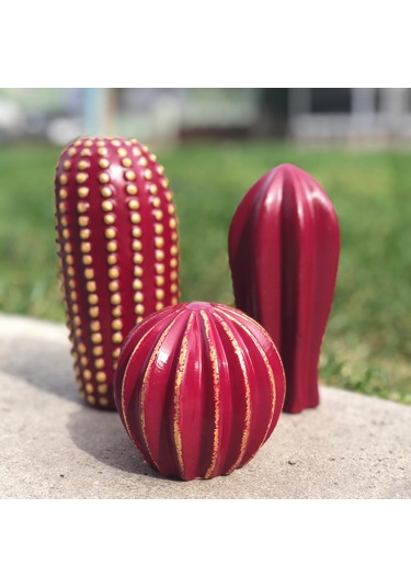 Thiramis Homeconcept Dekoratif 3'lü Kaktüs Bordo Gold Detay