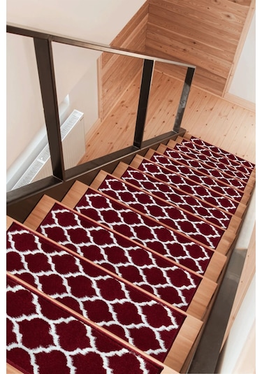 Dikdörtgen Dokuma Merdiven Halısı Kendinden Yapışkanlı Bordo Beyaz