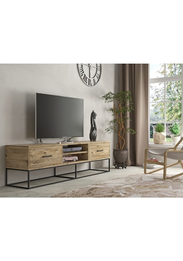 Asos 2 Çekmeceli Raflı Metal Ayaklı Tv Sehpası - Atlantik Çam Bej