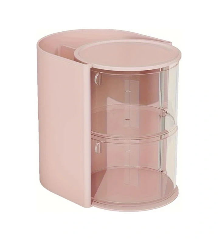 Dashanshop Pembe 2 Katlı Döner Pudru Süngeri Saklama Kutusu Makyaj Fırçası Organizer Pembe