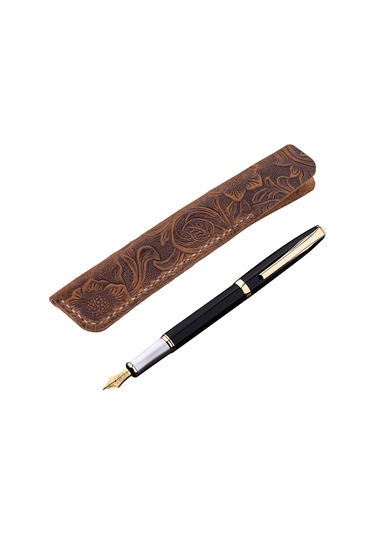 Kangvka Tam Deri Kalem Kılıfı - Elden Dikilmiş, 16x3cm Kahverengi Ornamentli, Kalem Koruyucu Örtü 2.0-2.2mm Deri Kalınlığı Çok Renkli
