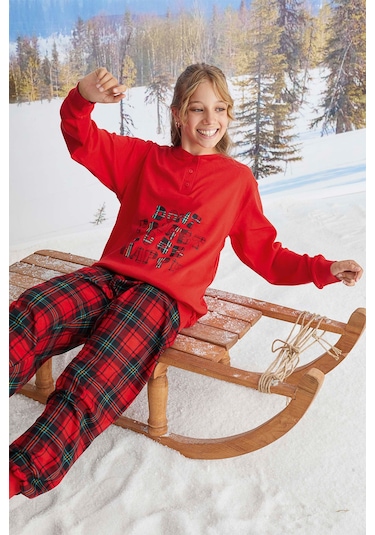 Aydoğan Kız Garson Koza İnterlok Kırmızı Ekose Pijama Takımı 2484 001