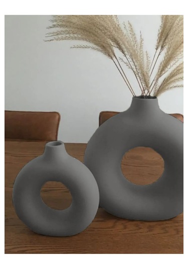 Halka Bohem Vazo 2'li Dekoratif Donut Vase Gri