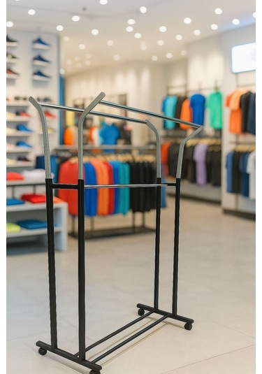 V Ayarlı 125 Cm En Çelik Konfeksiyon Elbise Askılık Tekerli Portatif Raf Home Hanger Siyah