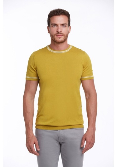 Hatemoğlu Hardal Slim Fit Basic Bisiklet Yaka Triko Tişört-Hardal