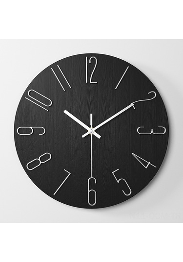 Qingmipy Modern Duvar Saati - Şık Siyah Zeminli Gümüş Rakamlı 30cm Dekoratif Ev Saati Siyah