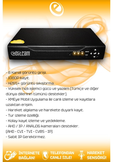 Elitcam 8 Kameralı Süper 2 İç Kamera Set 100 GB 5 MP 2K Net Renkli Gece Görüşlü Güvenlik Kamerası Sistemi