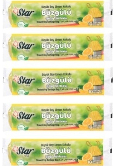 Büzgülü Çöp Torbası / Poşeti - Büyük Boy 65x70 - Limon Kokulu - 5 Rulo 50' Li