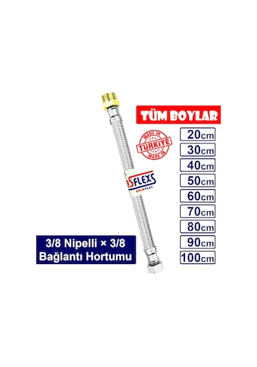 Asflexs 3/8 Nipelli×3/8 Paslanmaz Çelik Flex Hortum Bağlantı Hortumu