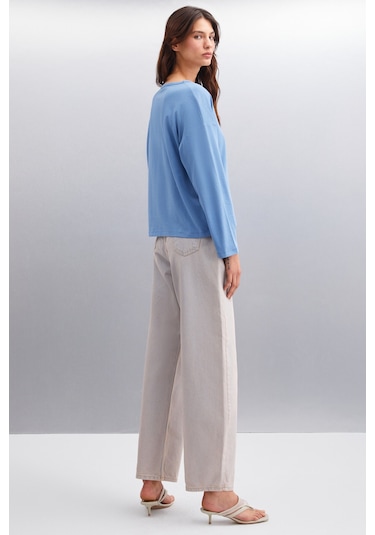 Basıl  Kadın Sırt Baskı Detaylı Oversize %100 Organik Pamuk Örme Uzun Kol Indigo T-shirt