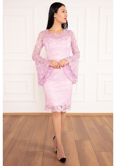 Kalopya Kol Volanlı Kısa Dantel Abiye Elbise 13034 Pembe